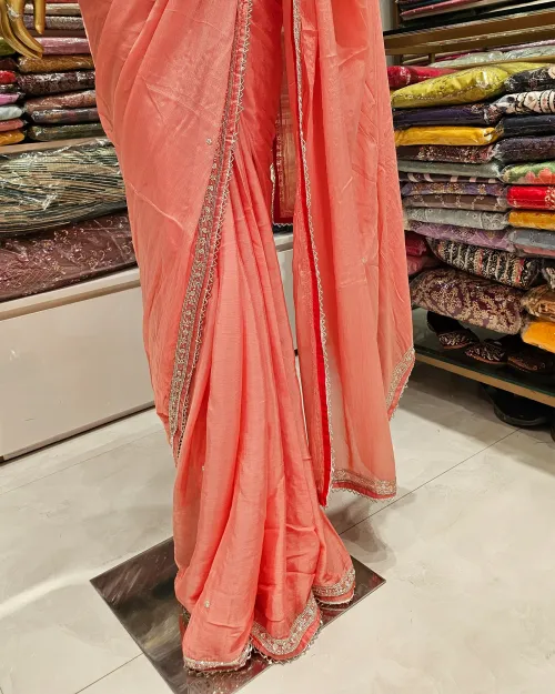 Peach Colour Stone Work Chiffon Saree