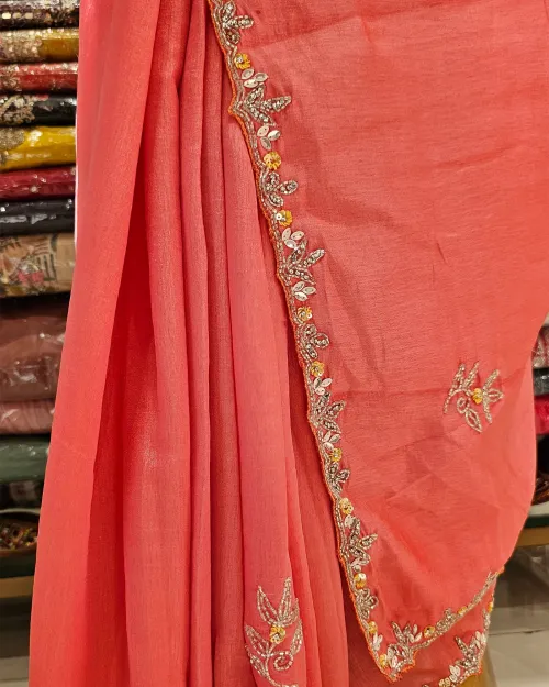 Peach Colour Stone Work Chiffon Saree