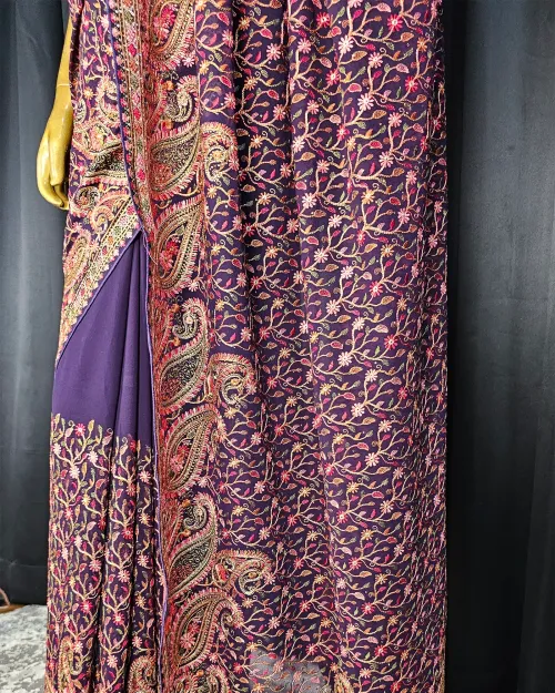 Dark Wine Embroidery Work Georgette Saree