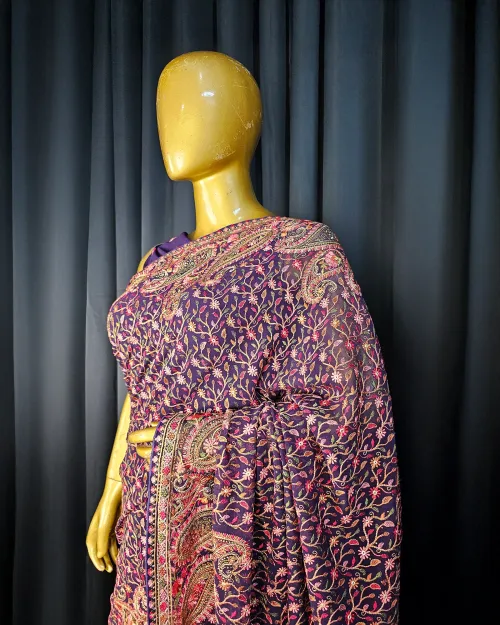 Dark Wine Embroidery Work Georgette Saree