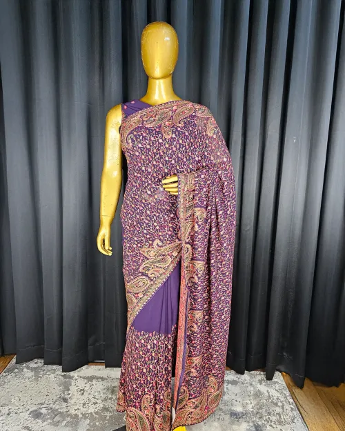 Dark Wine Embroidery Work Georgette Saree