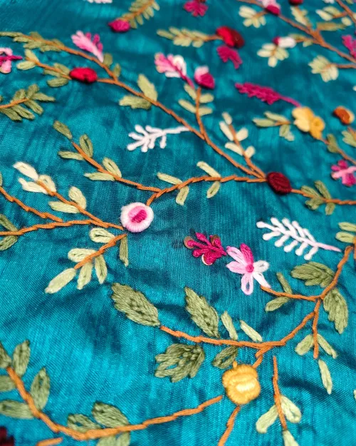 Firozi Color Embroidery Work Tussar Cotton Saree