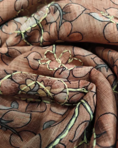 Rusty Peach Kantha Work Chanderi Cotton Saree