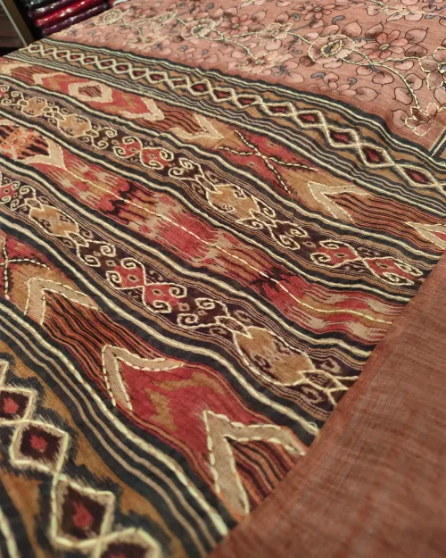 Rusty Peach Kantha Work Chanderi Cotton Saree