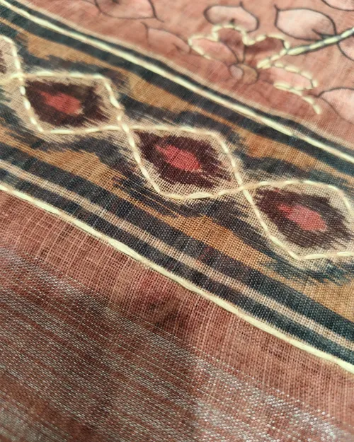Rusty Peach Kantha Work Chanderi Cotton Saree