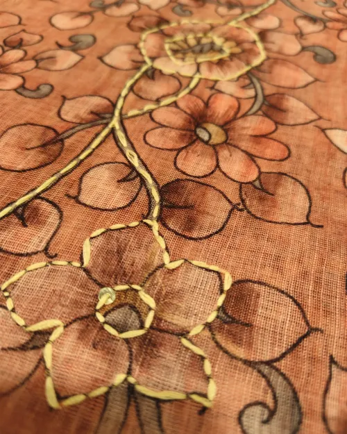 Rusty Peach Kantha Work Chanderi Cotton Saree