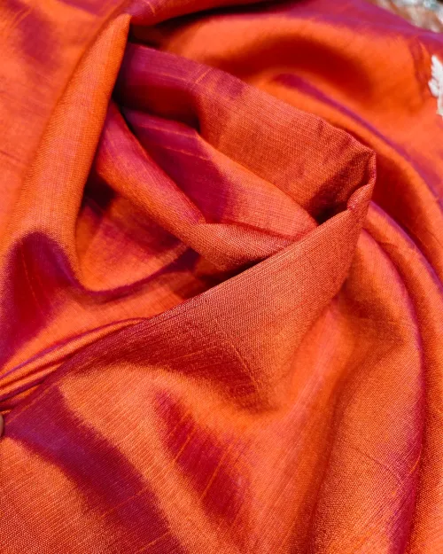Red Color Embroidery Work Tussar Cotton Saree