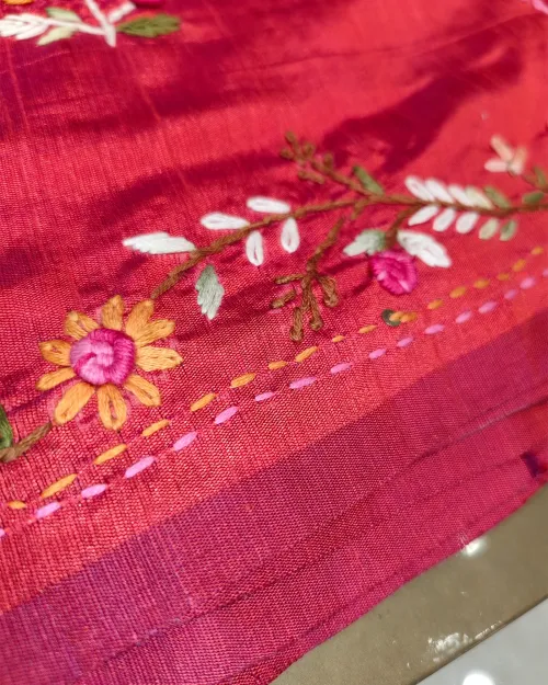 Red Color Embroidery Work Tussar Cotton Saree
