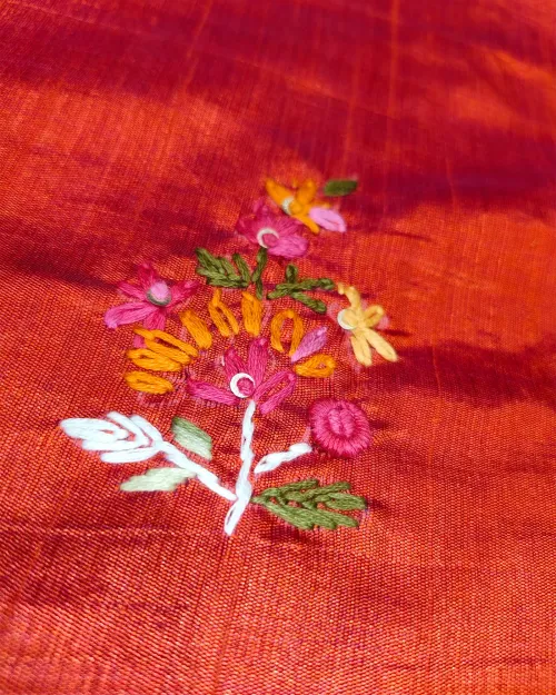 Red Color Embroidery Work Tussar Cotton Saree