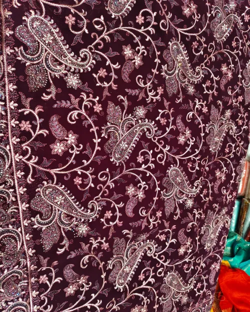 Wine Embroidered Work Georgette Saree