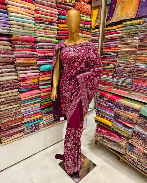 Wine Embroidered Work Georgette Saree