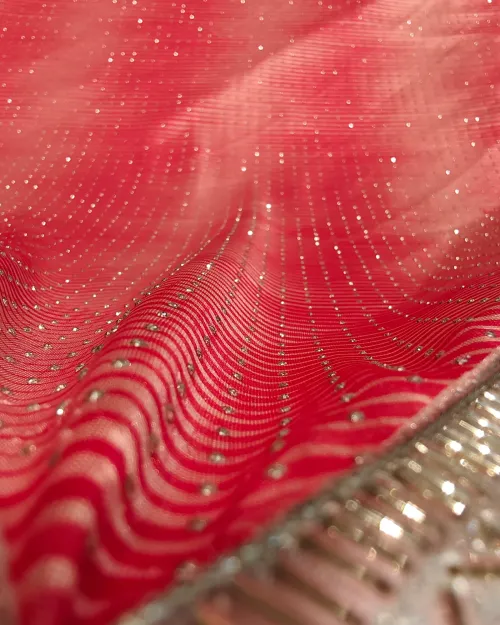 Orange Peach Stone Work Imported Crepe Silk Saree