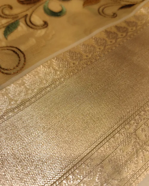 Golden Zari Work Organza Saree