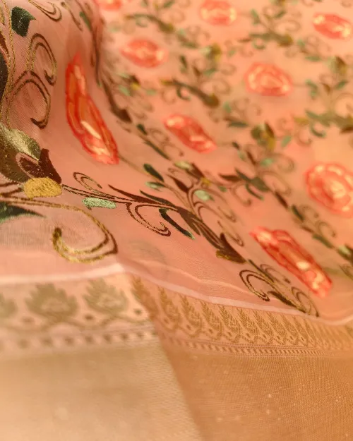 Peach Color Embroidery Work Organza Saree