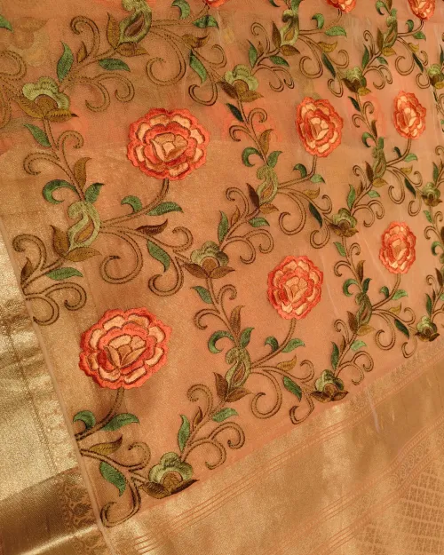 Peach Color Embroidery Work Organza Saree