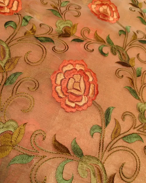 Peach Color Embroidery Work Organza Saree