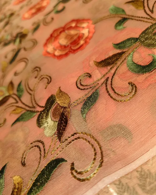 Peach Color Embroidery Work Organza Saree