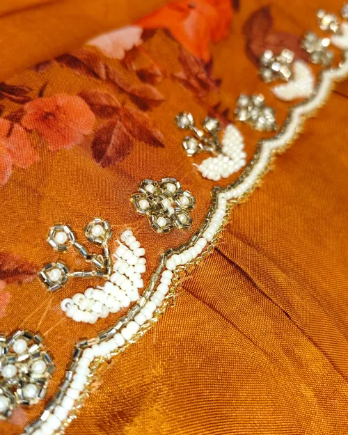 Mustard Color Stone Work Organza Saree