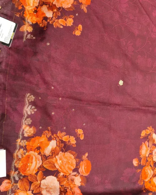 Wine Color Stone Work Organza Saree