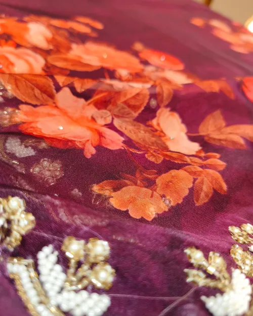 Wine Color Stone Work Organza Saree