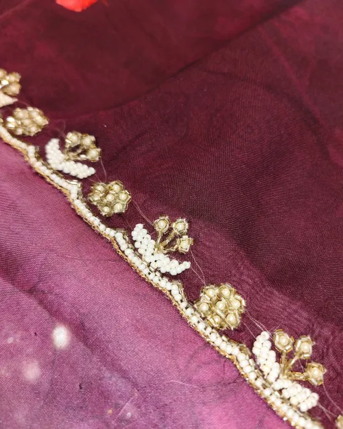 Wine Color Stone Work Organza Saree
