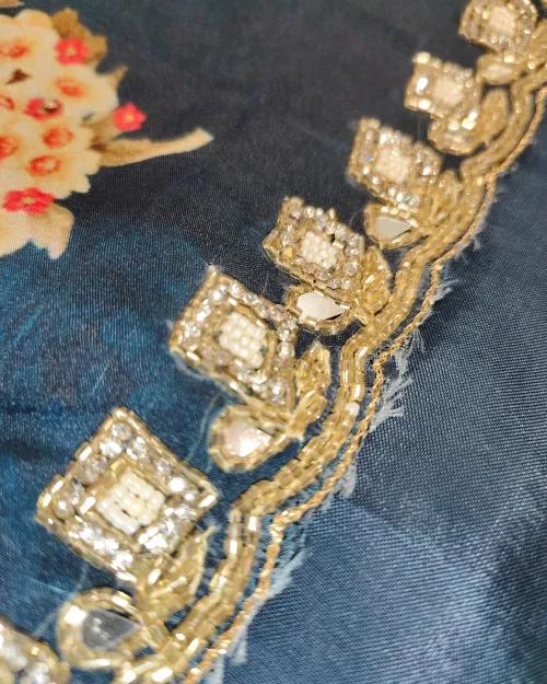 Blue Colour Stone Work Organza Saree