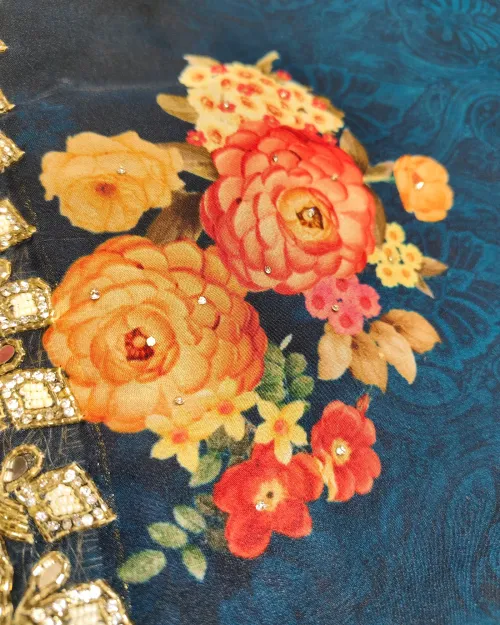 Blue Colour Stone Work Organza Saree