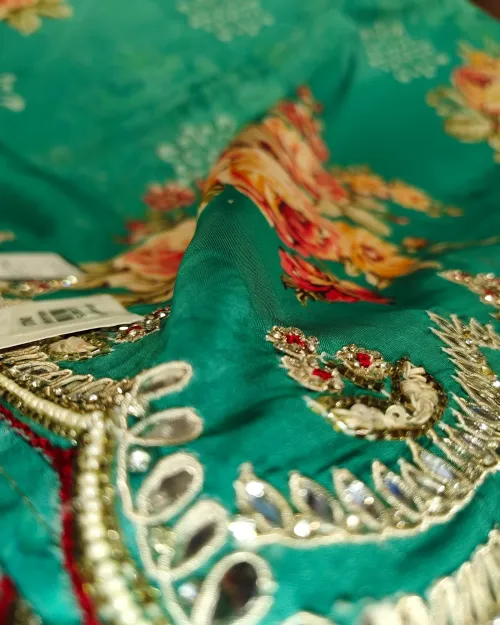 Sky Blue Stone Work Organza Saree