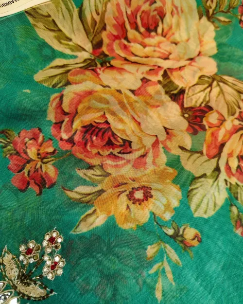 Sky Blue Stone Work Organza Saree