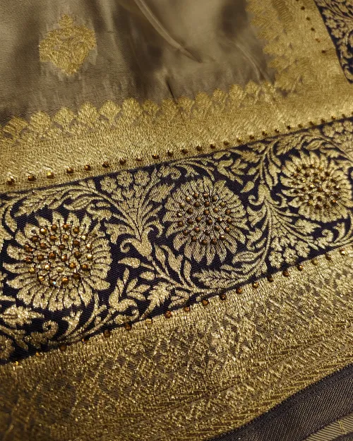 Grey Zari Work Crepe Silk Saree