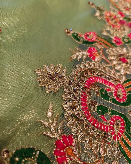 Green Color Stone Work Tissue Silk Saree