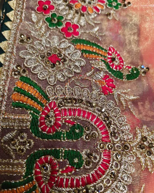 Peach Colour Stone Work Tissue Silk Saree