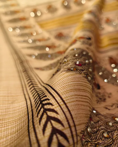 Cream Color Zari Work Tushar Cotton Saree