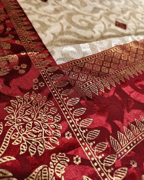 Cream Color Zari Work Crepe Silk Saree