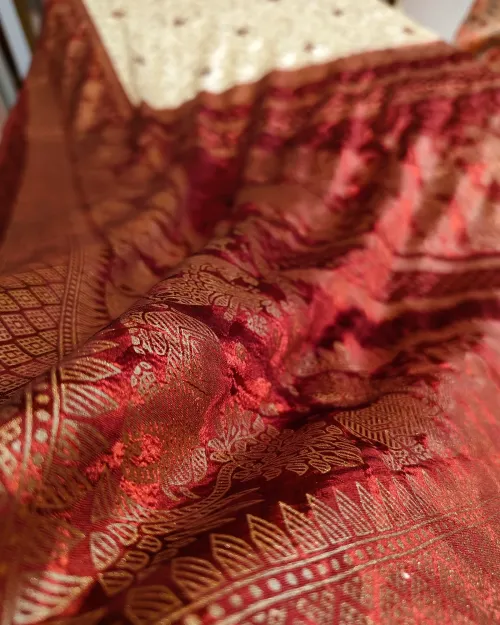 Cream Color Zari Work Crepe Silk Saree