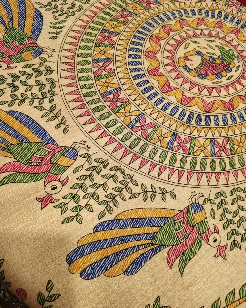 Rani Pink Madhubani Print Tushar Cotton Saree