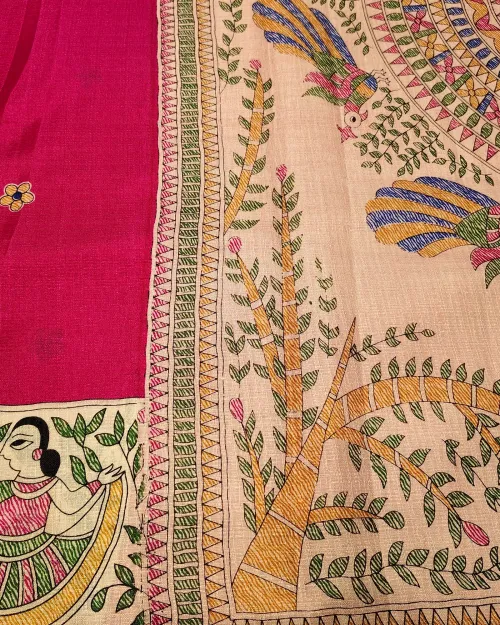 Rani Pink Madhubani Print Tushar Cotton Saree