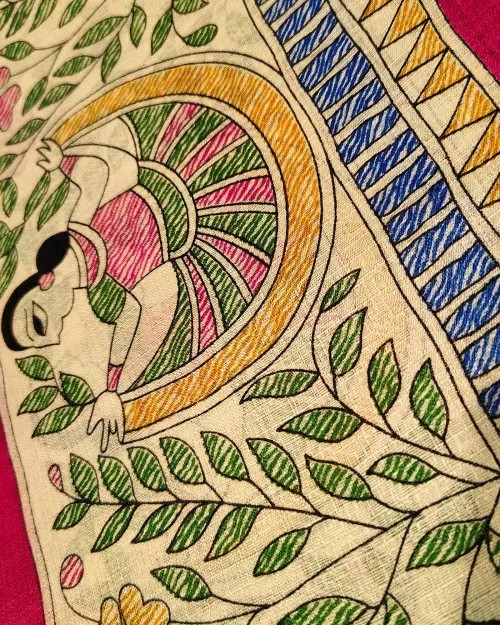 Rani Pink Madhubani Print Tushar Cotton Saree