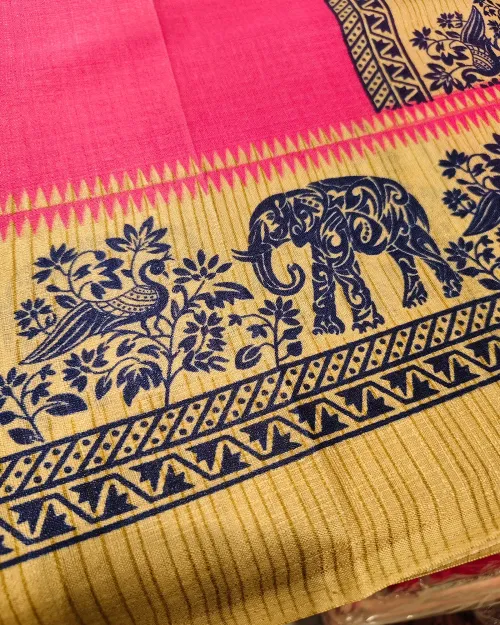 Dark Pink Madhubani Style Tushar Cotton Saree