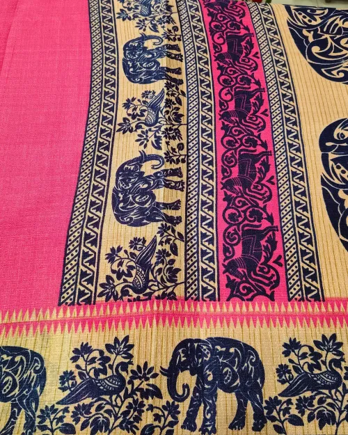 Dark Pink Madhubani Style Tushar Cotton Saree