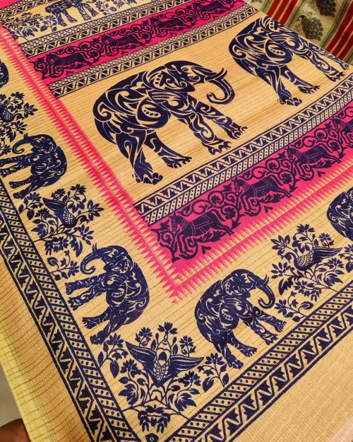 Dark Pink Madhubani Style Tushar Cotton Saree