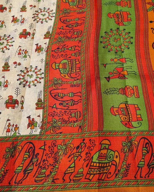 Cream Colour Madhubani Style Tushar Cotton Saree