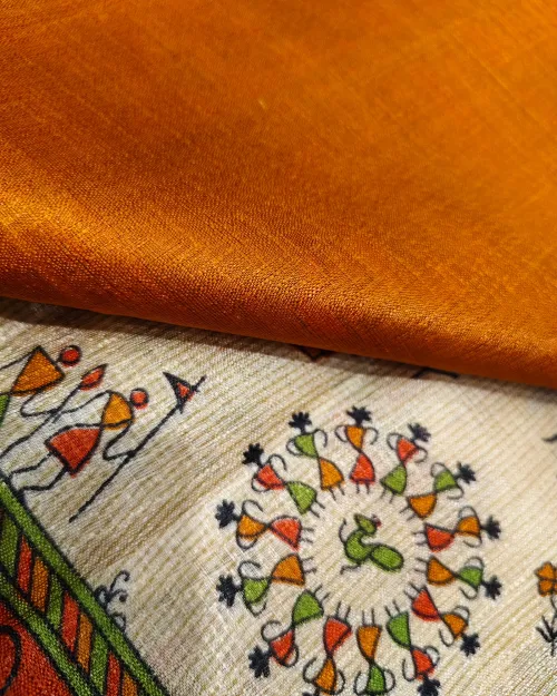 Cream Colour Madhubani Style Tushar Cotton Saree