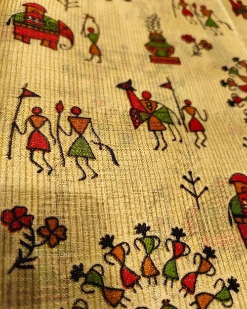 Cream Colour Madhubani Style Tushar Cotton Saree