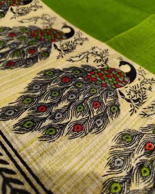 Cream Madhubani Style Tushar Cotton Saree