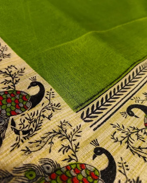 Cream Madhubani Style Tushar Cotton Saree