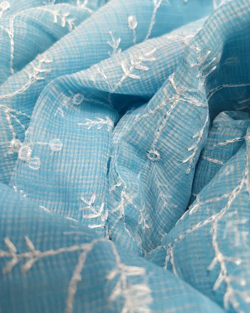 Ice Blue Color Embroidery Work Kota Cotton Saree