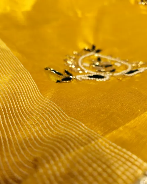 Yellow Colour Stone Work Cotton Silk Saree