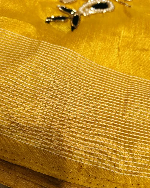 Yellow Colour Stone Work Cotton Silk Saree
