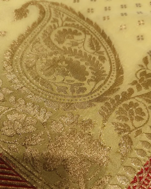 Whiteesh Cream Zari Work Dola Silk Saree